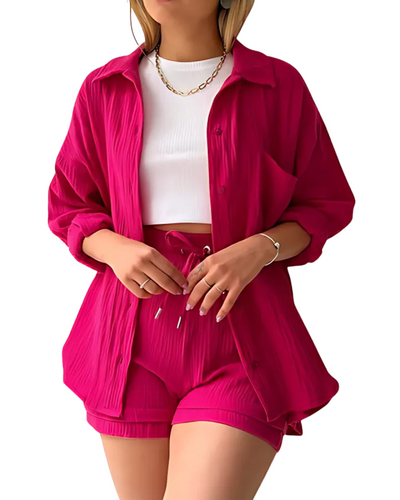 Textured Two-Piece Set for Women – Button-Up Top & Shorts