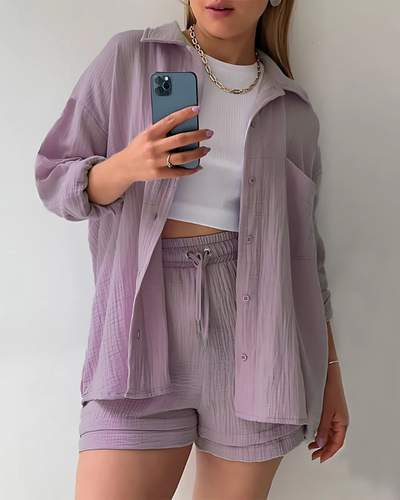 Textured Two-Piece Set for Women – Button-Up Top & Shorts