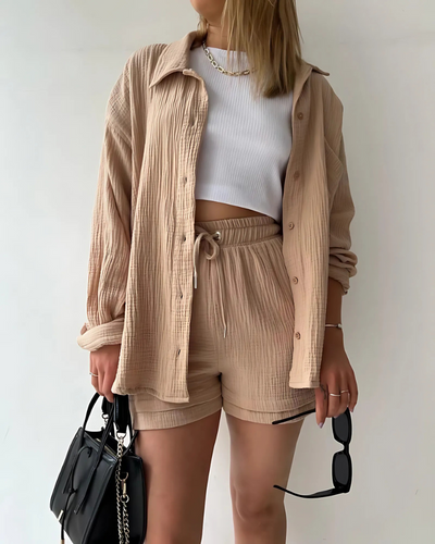 Textured Two-Piece Set for Women – Button-Up Top & Shorts