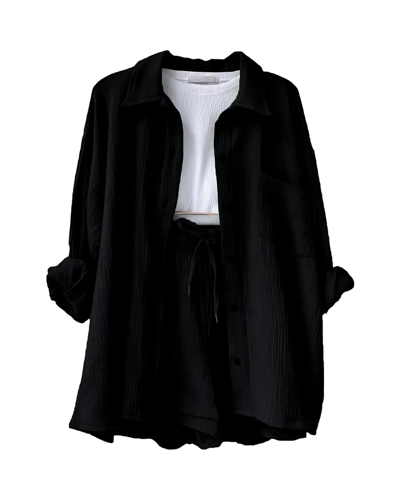 Textured Two-Piece Set for Women – Button-Up Top & Shorts