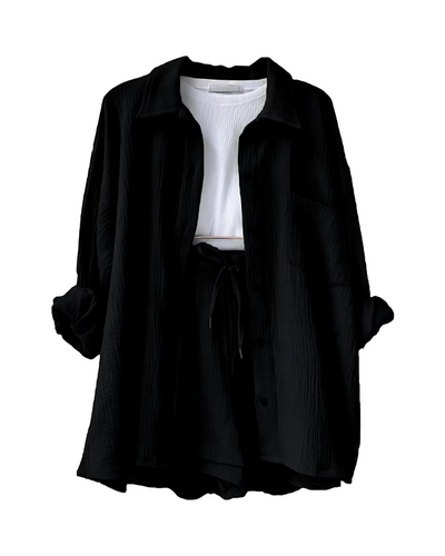 Textured Two-Piece Set for Women – Button-Up Top & Shorts