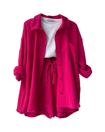 Textured Two-Piece Set for Women – Button-Up Top & Shorts