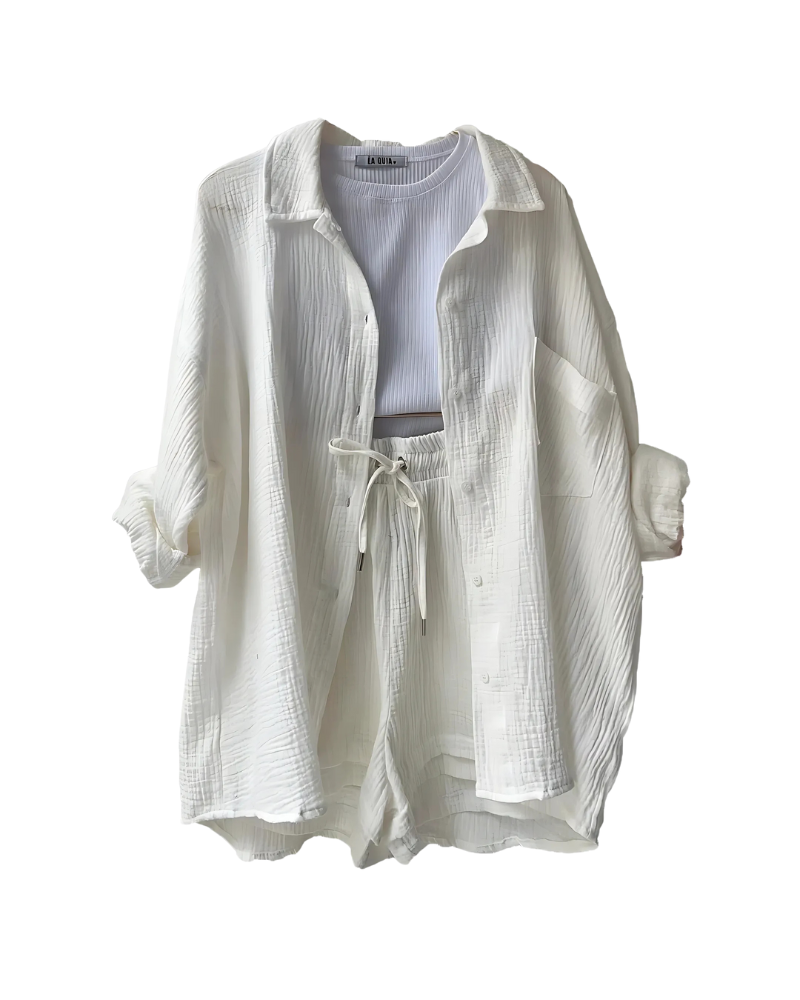 Textured Two-Piece Set for Women – Button-Up Top & Shorts