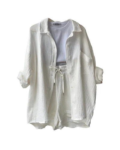 Textured Two-Piece Set for Women – Button-Up Top & Shorts