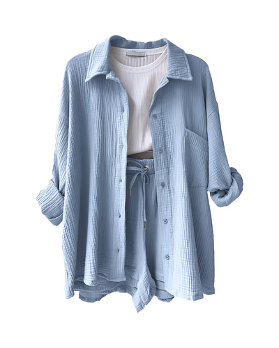 Textured Two-Piece Set for Women – Button-Up Top & Shorts