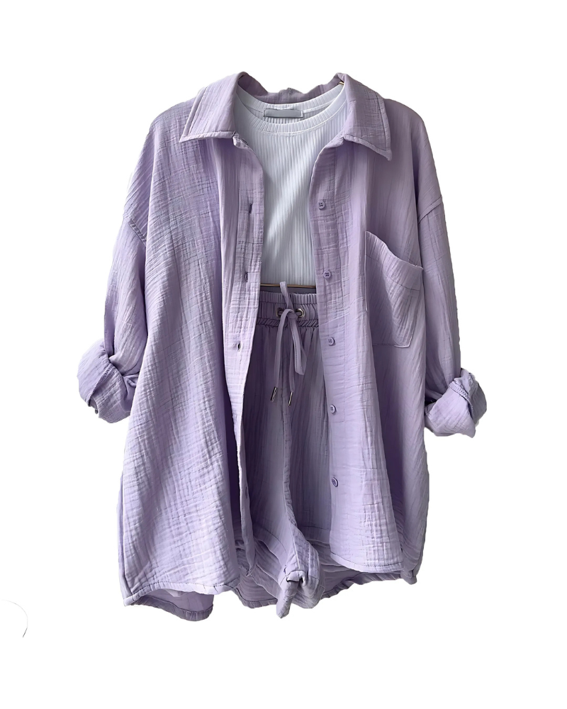 Textured Two-Piece Set for Women – Button-Up Top & Shorts