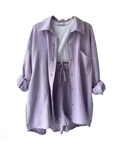 Textured Two-Piece Set for Women – Button-Up Top & Shorts