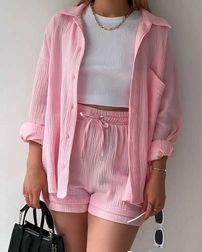 Textured Two-Piece Set for Women – Button-Up Top & Shorts