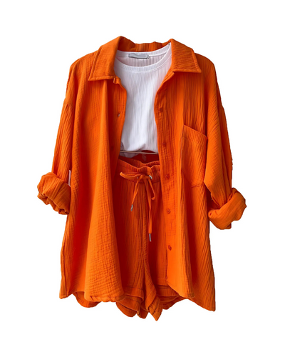 Textured Two-Piece Set for Women – Button-Up Top & Shorts