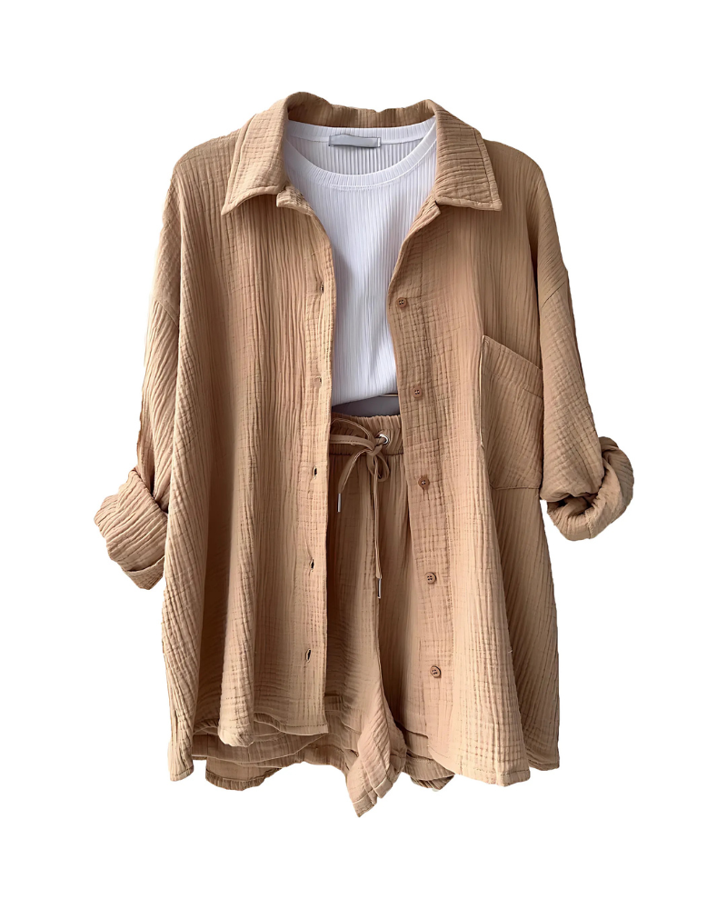 Textured Two-Piece Set for Women – Button-Up Top & Shorts