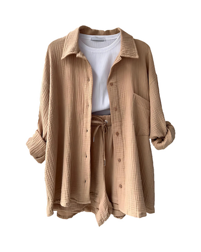 Textured Two-Piece Set for Women – Button-Up Top & Shorts