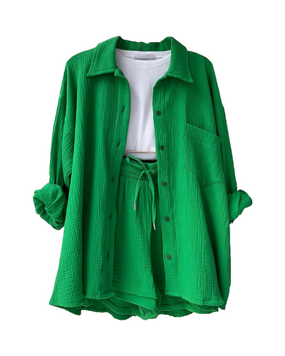 Textured Two-Piece Set for Women – Button-Up Top & Shorts