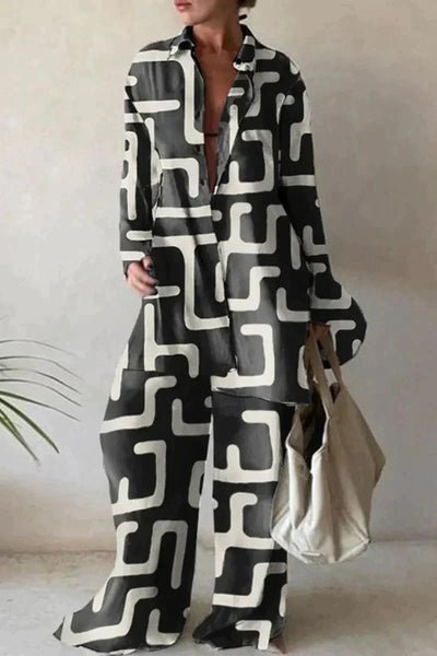 Women’s Abstract Co-ord Set – Button-Up & Wide-Leg Pants