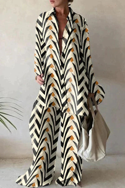 Women’s Abstract Co-ord Set – Button-Up & Wide-Leg Pants