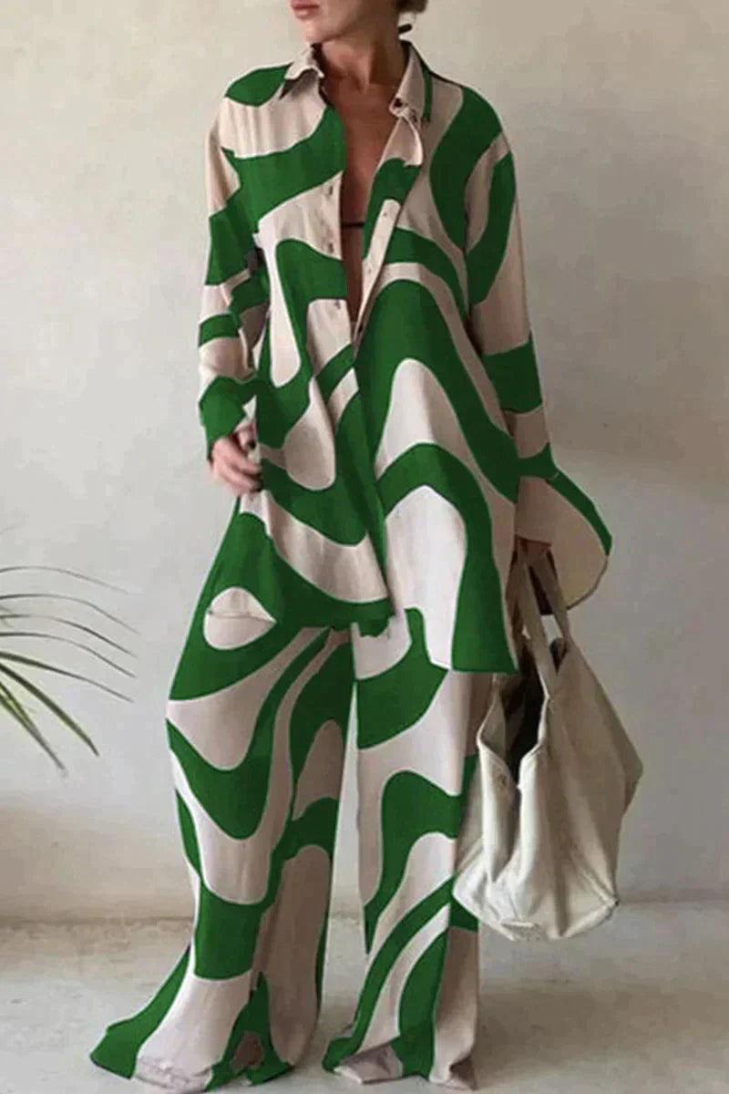 Women’s Abstract Co-ord Set – Button-Up & Wide-Leg Pants