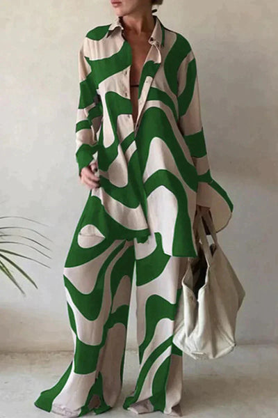 Women’s Abstract Co-ord Set – Button-Up & Wide-Leg Pants