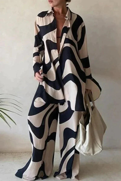 Women’s Abstract Co-ord Set – Button-Up & Wide-Leg Pants