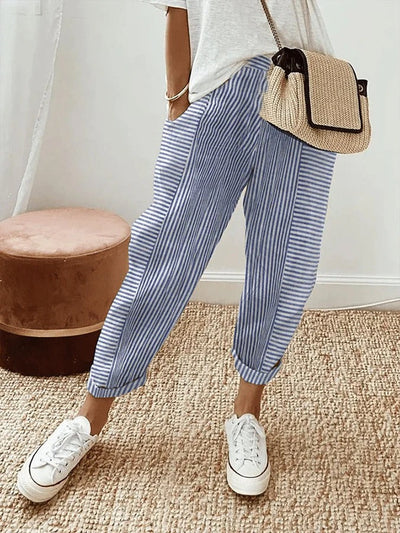 Women’s Striped Relaxed Trousers – Lightweight & Adjustable Fit