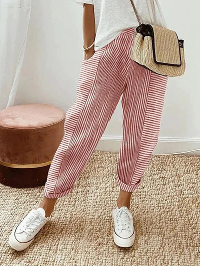 Women’s Striped Relaxed Trousers – Lightweight & Adjustable Fit