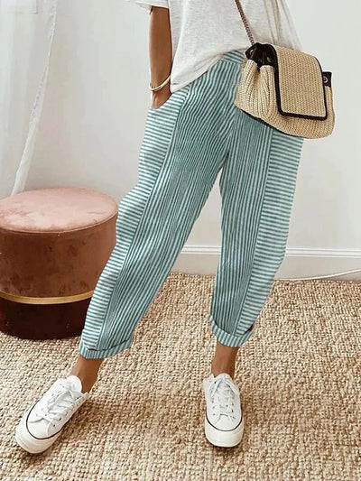 Women’s Striped Relaxed Trousers – Lightweight & Adjustable Fit