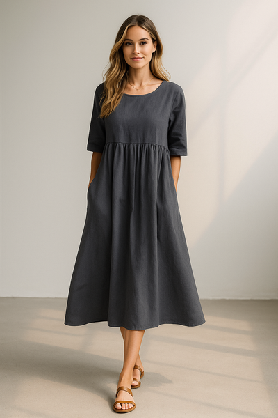 Women's grey midi dress with half sleeves and gathered waist