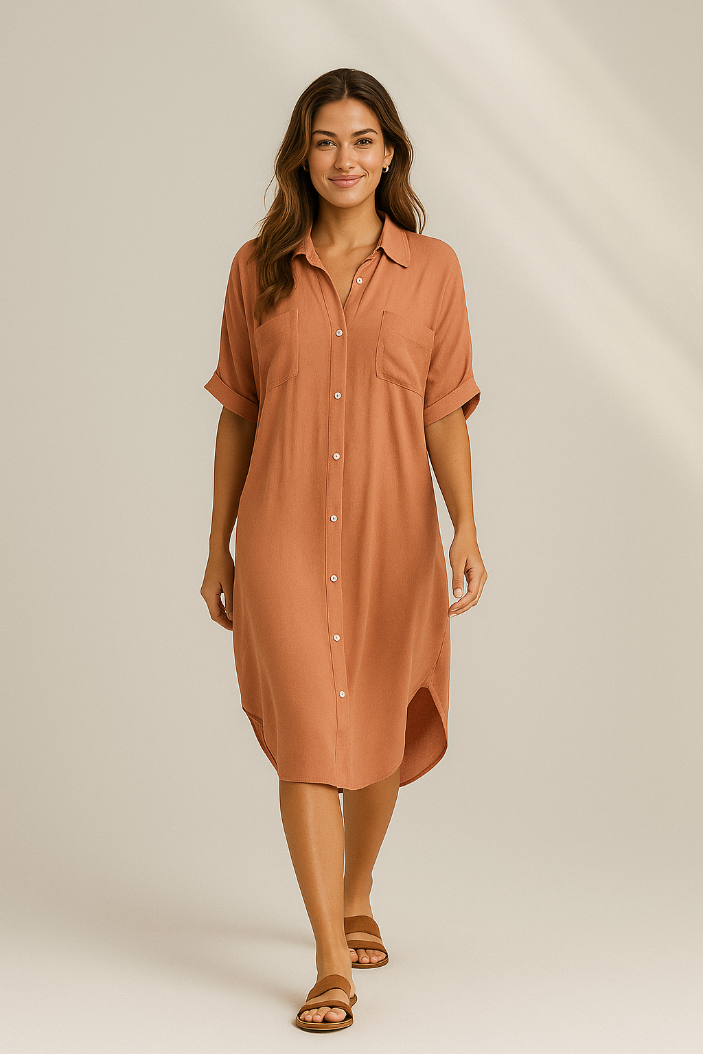 Women's orange midi wrap dress with puff sleeves