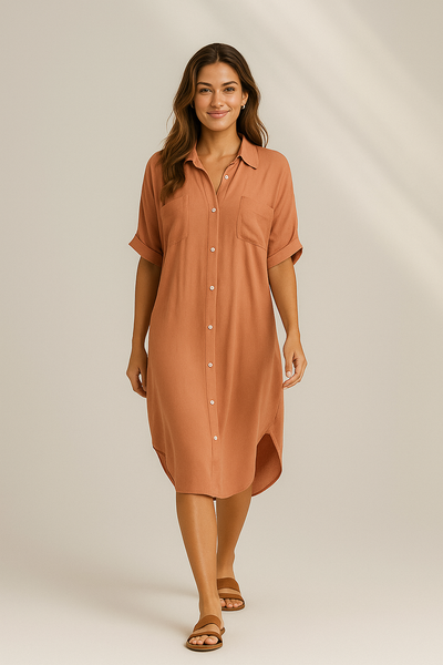 Women's orange midi wrap dress with puff sleeves