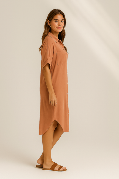 Women's orange midi wrap dress with puff sleeves